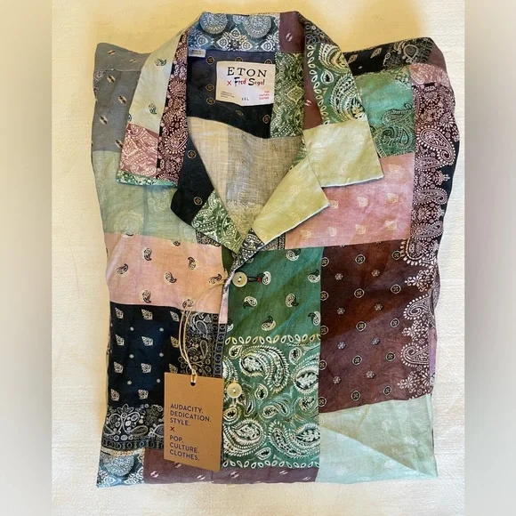 ETON x Fred Segal Multi-Colored Patchwork Bandana Resort Shirt in Linen XXL $265